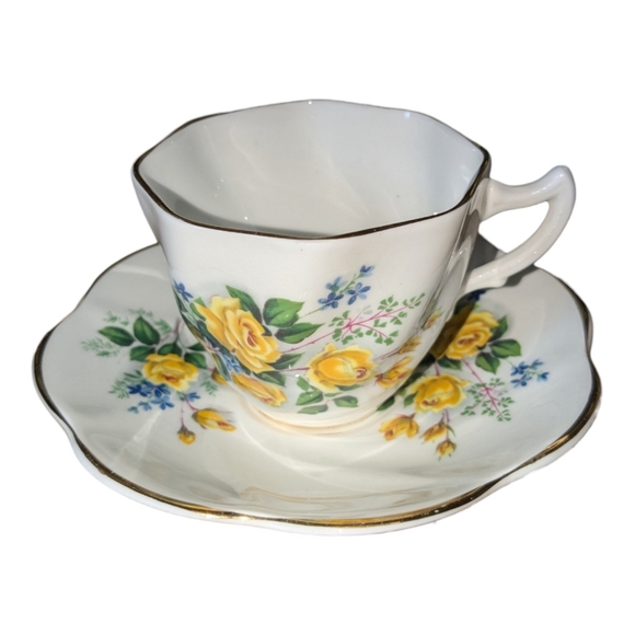 Rosina| England Bone China Yellow Golden Floral Fancy White Tea Cup with Saucer - Picture 5 of 10